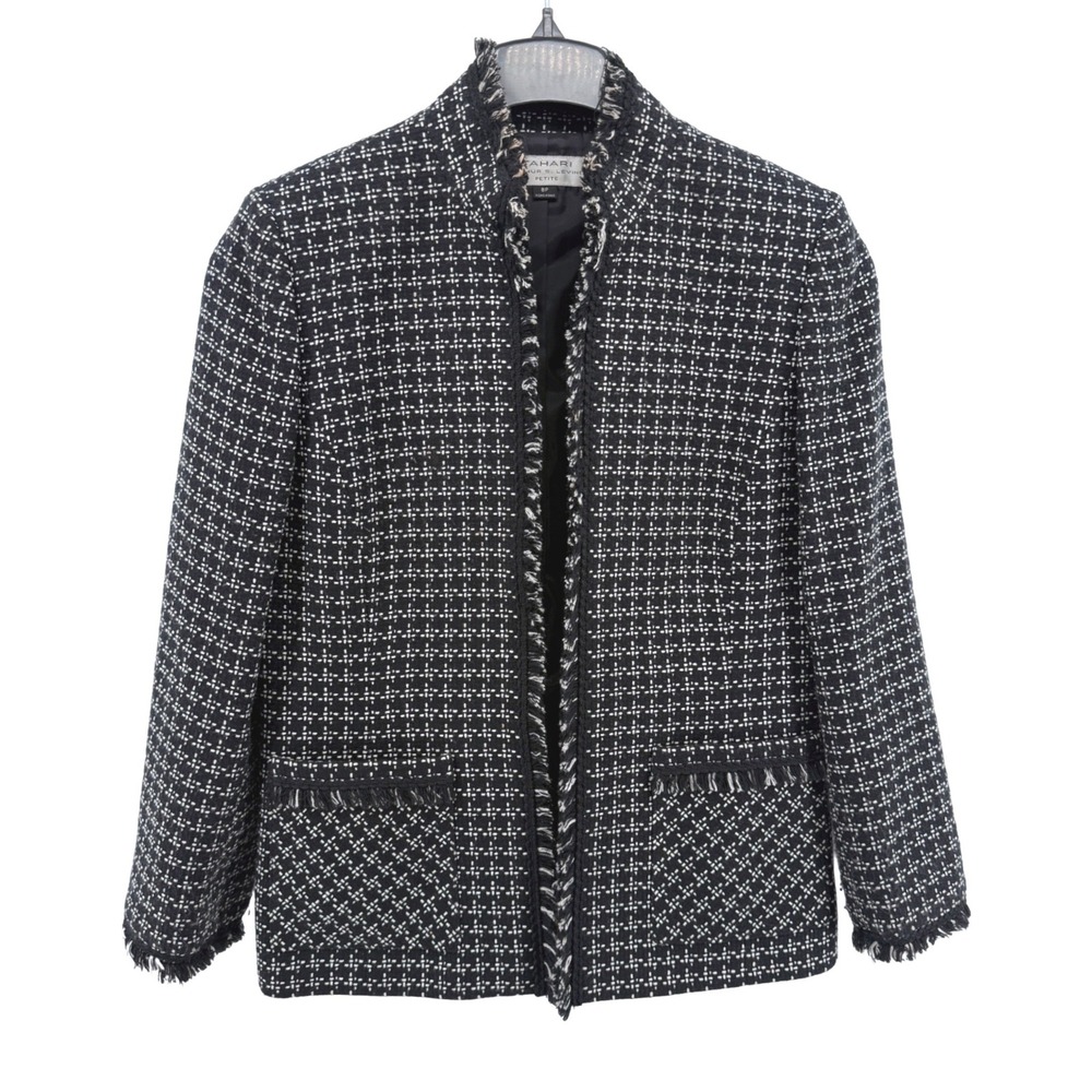 Tahari Arthur S Levine Open Front Tweed Jacket Womens 8P Pre-Owned Black Fringe